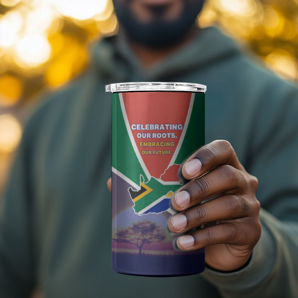 South Africa Heritage Day 4 in 1 Can Cooler Tumbler Celebrating Roots Flag Map Sunset Savanna