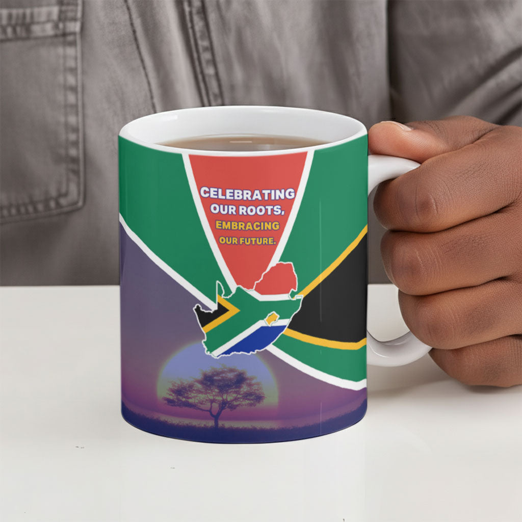 South Africa Heritage Day Ceramic Mug Celebrating Roots Flag Map Sunset Savanna
