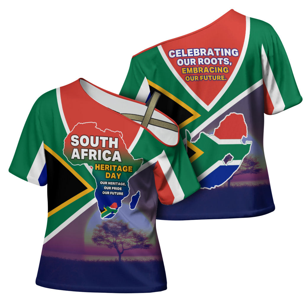 South Africa Heritage Day Cross Shoulder Shirt Celebrating Roots Flag Map Sunset Savanna