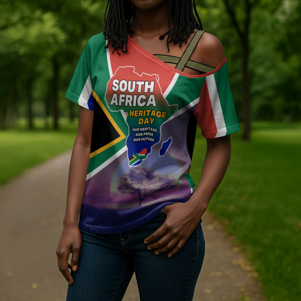 South Africa Heritage Day Cross Shoulder Shirt Celebrating Roots Flag Map Sunset Savanna