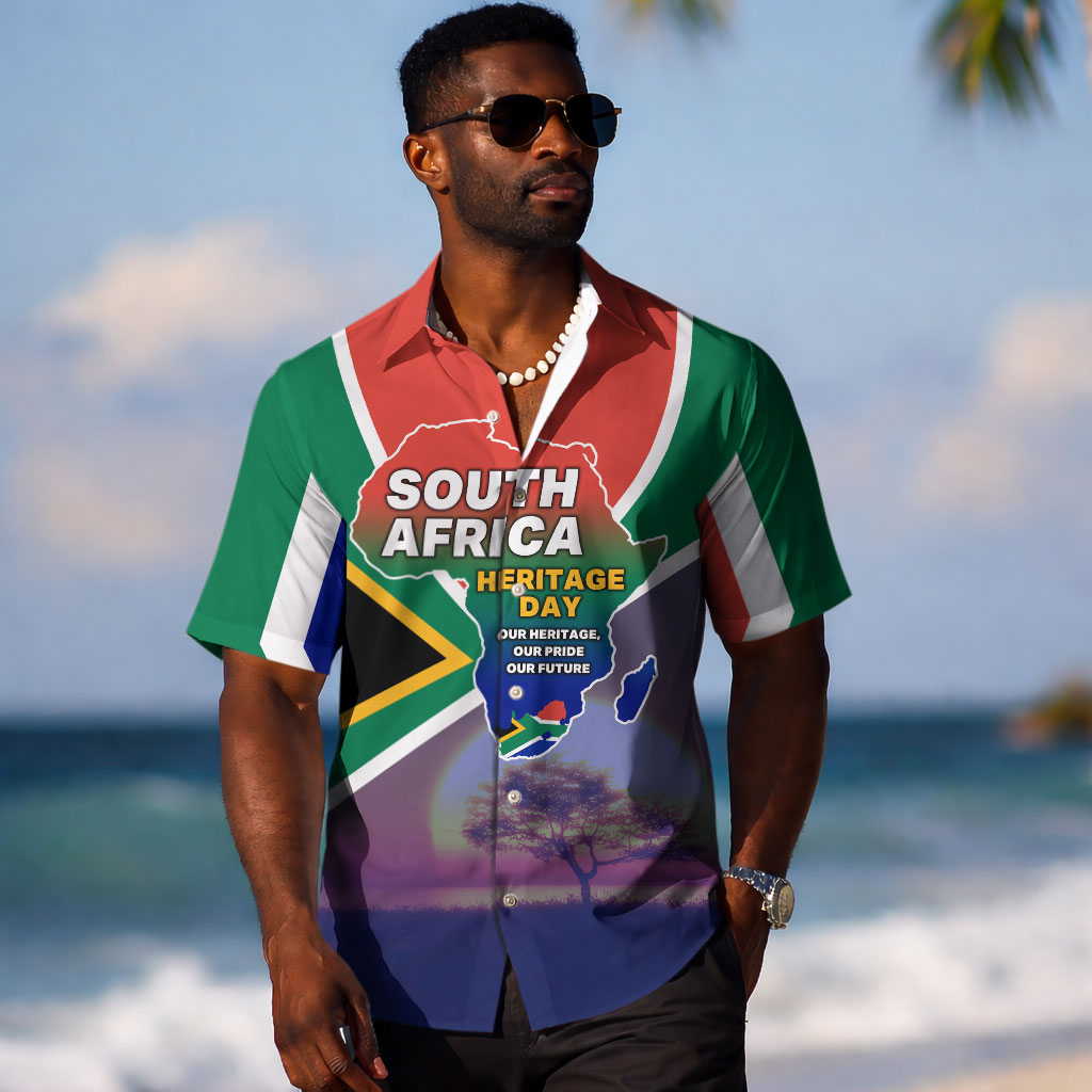 South Africa Heritage Day Hawaiian Shirt Celebrating Roots Flag Map Sunset Savanna