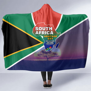 South Africa Heritage Day Hooded Blanket Celebrating Roots Flag Map Sunset Savanna