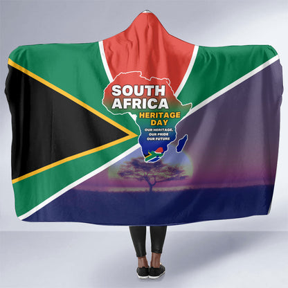 South Africa Heritage Day Hooded Blanket Celebrating Roots Flag Map Sunset Savanna