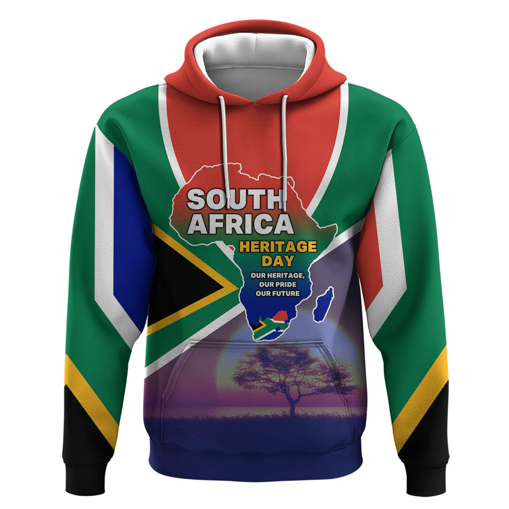 South Africa Heritage Day Hoodie Celebrating Roots Flag Map Sunset Savanna
