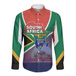 South Africa Heritage Day Long Sleeve Button Shirt Celebrating Roots Flag Map Sunset Savanna