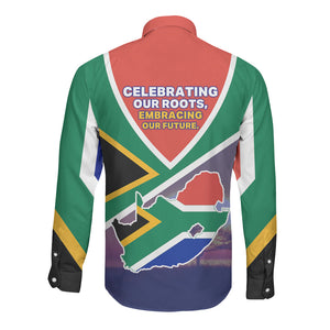 South Africa Heritage Day Long Sleeve Button Shirt Celebrating Roots Flag Map Sunset Savanna