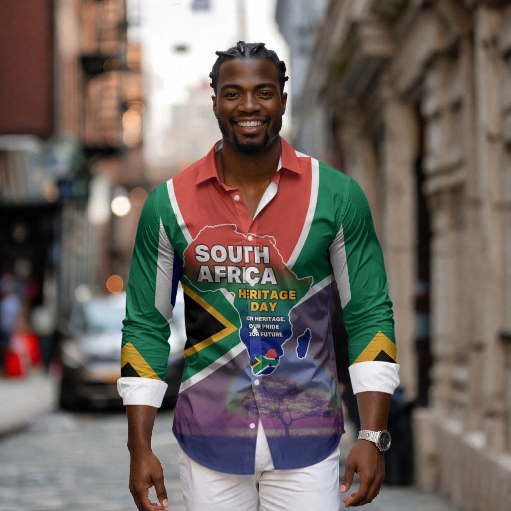 South Africa Heritage Day Long Sleeve Button Shirt Celebrating Roots Flag Map Sunset Savanna