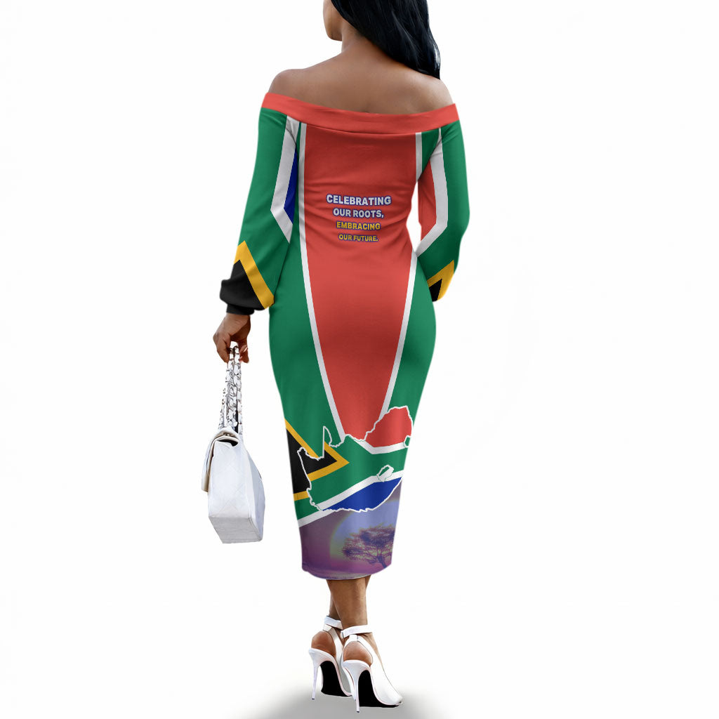 South Africa Heritage Day Off The Shoulder Long Sleeve Dress Celebrating Roots Flag Map Sunset Savanna
