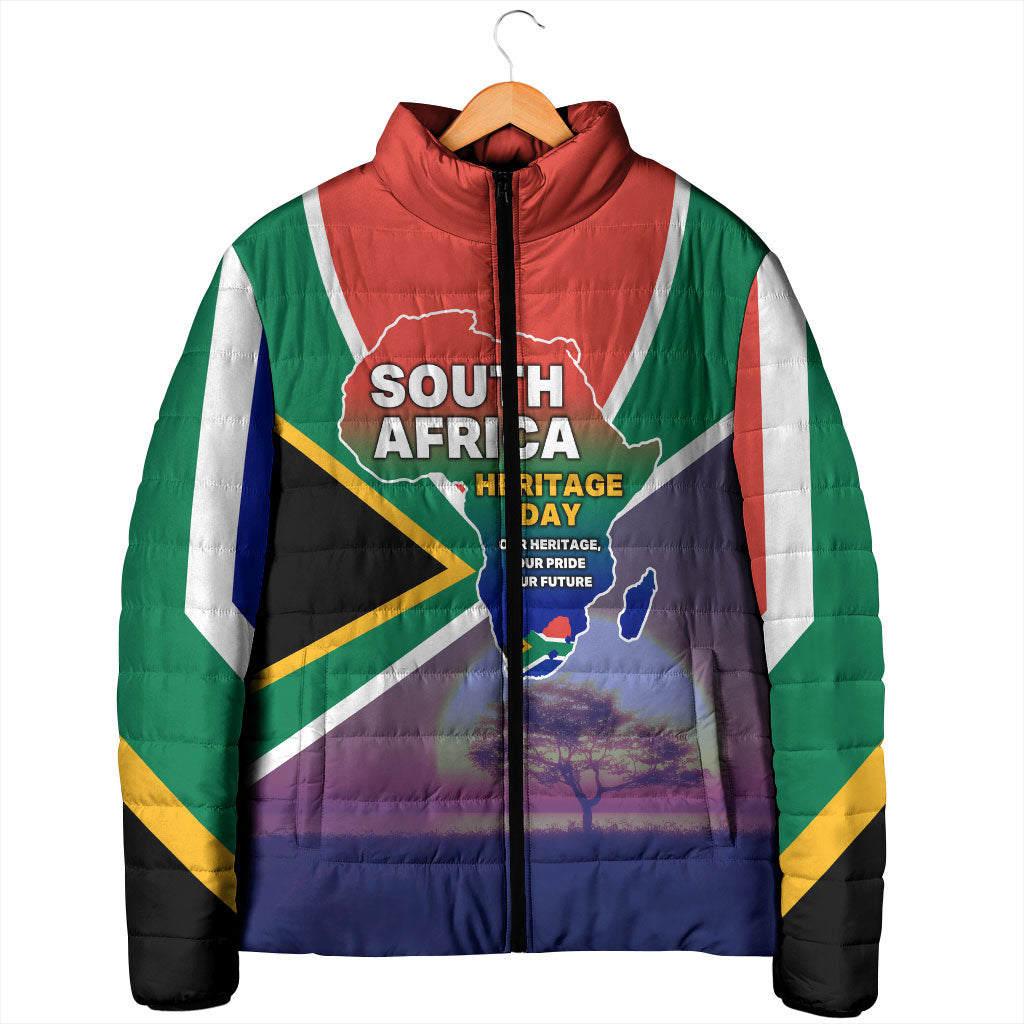 South Africa Heritage Day Padded Jacket Celebrating Roots Flag Map Sunset Savanna