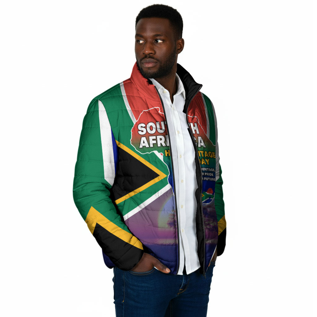 South Africa Heritage Day Padded Jacket Celebrating Roots Flag Map Sunset Savanna