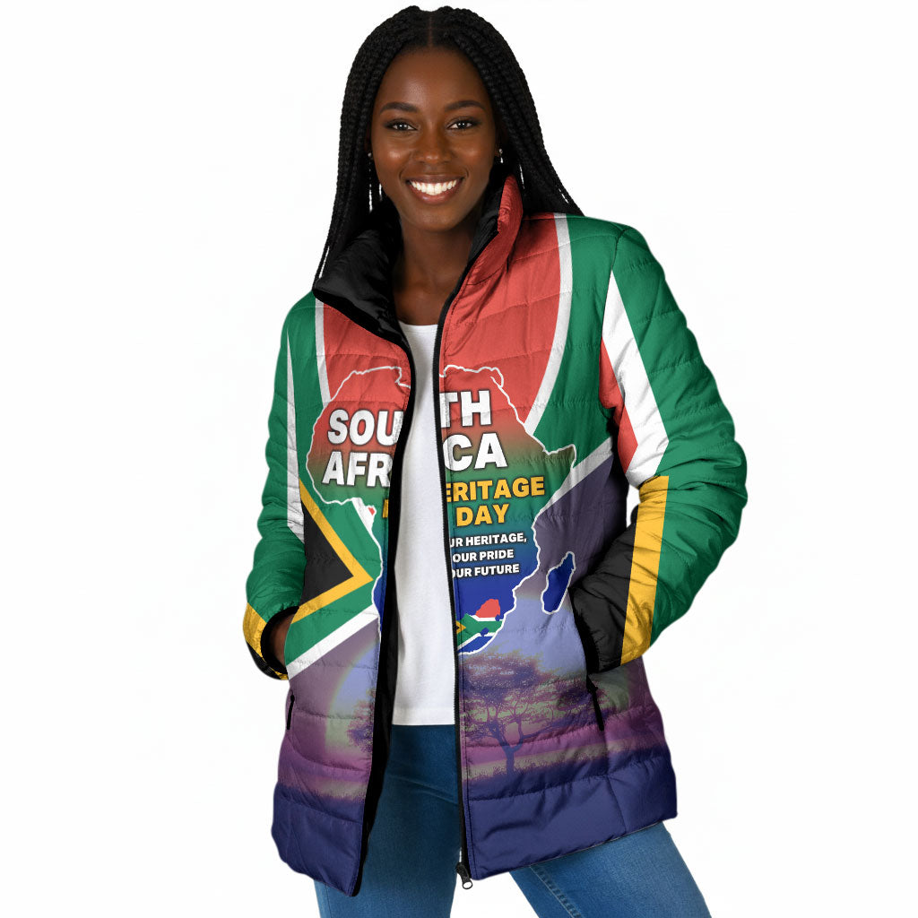 South Africa Heritage Day Padded Jacket Celebrating Roots Flag Map Sunset Savanna