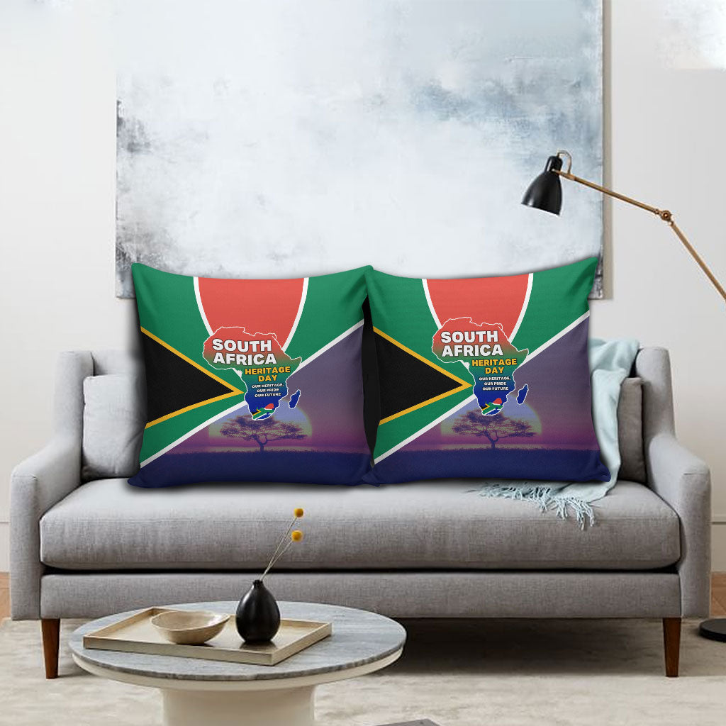 South Africa Heritage Day Pillow Cover Celebrating Roots Flag Map Sunset Savanna