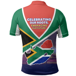 South Africa Heritage Day Polo Shirt Celebrating Roots Flag Map Sunset Savanna