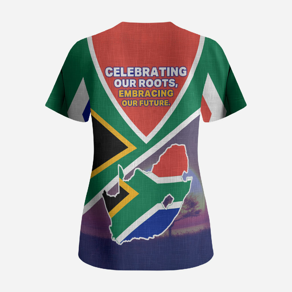 South Africa Heritage Day Scrub Top Celebrating Roots Flag Map Sunset Savanna