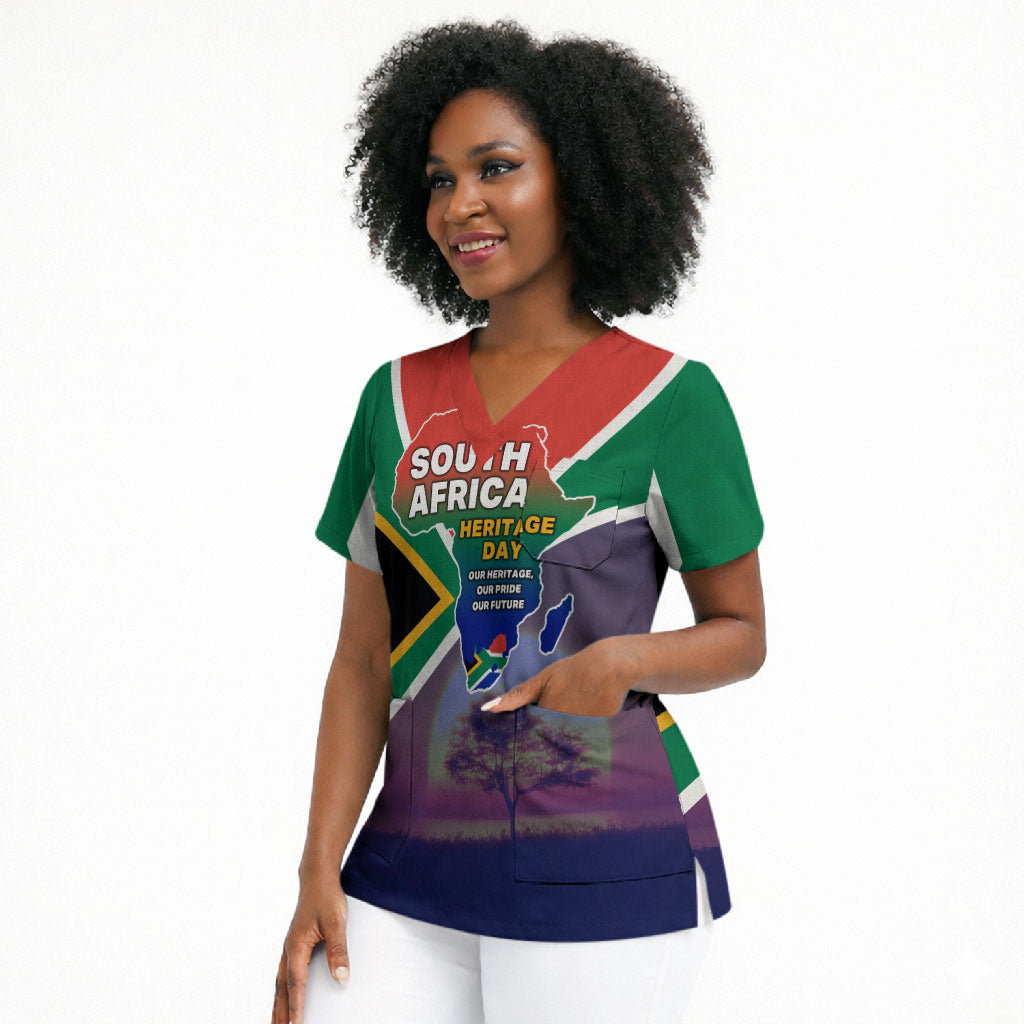 South Africa Heritage Day Scrub Top Celebrating Roots Flag Map Sunset Savanna