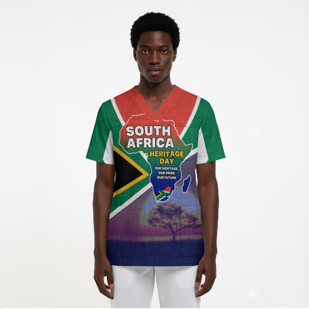 South Africa Heritage Day Scrub Top Celebrating Roots Flag Map Sunset Savanna