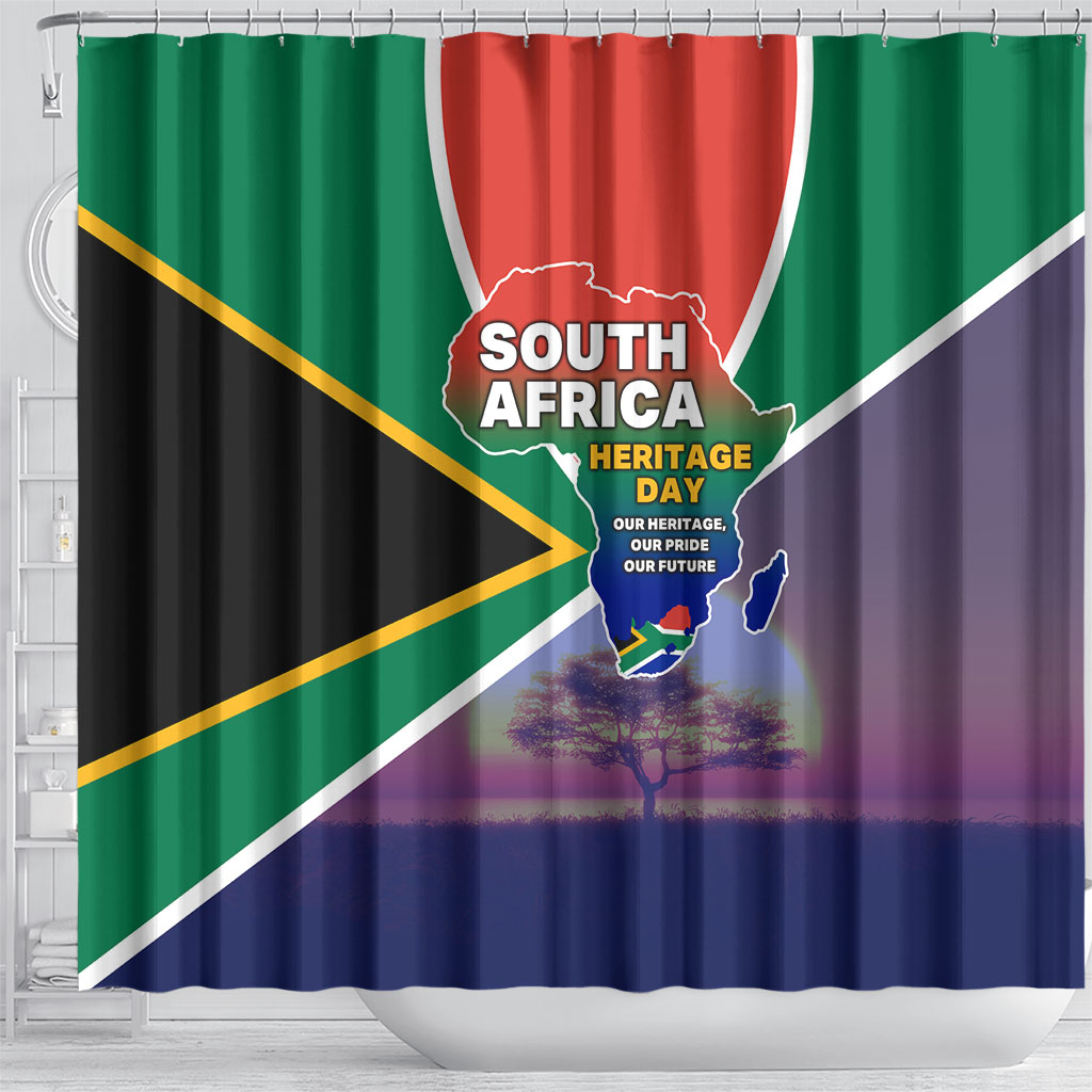South Africa Heritage Day Shower Curtain Celebrating Roots Flag Map Sunset Savanna
