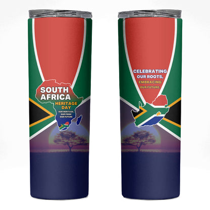 South Africa Heritage Day Skinny Tumbler Celebrating Roots Flag Map Sunset Savanna
