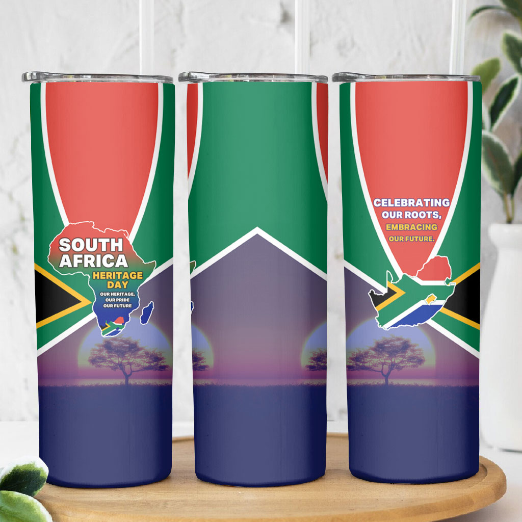 South Africa Heritage Day Skinny Tumbler Celebrating Roots Flag Map Sunset Savanna