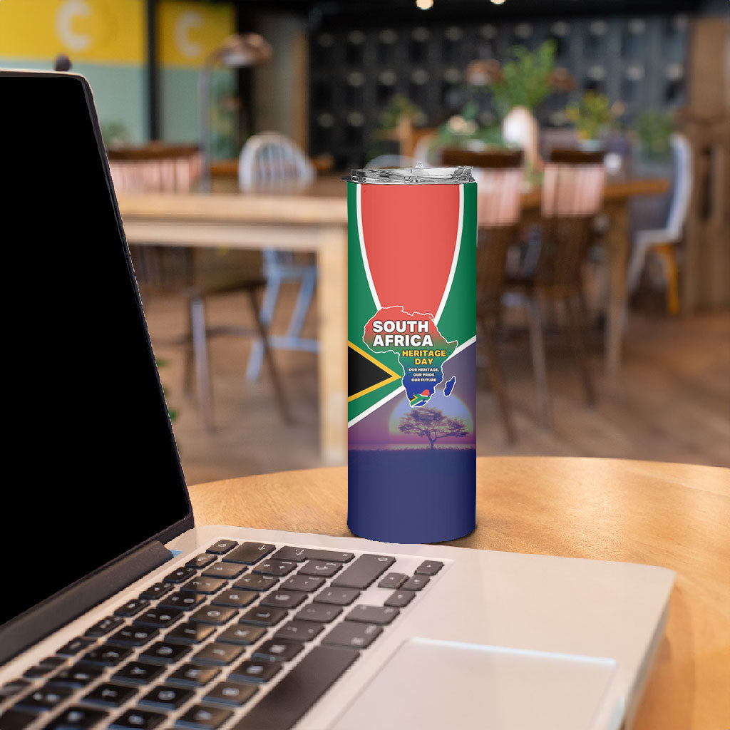 South Africa Heritage Day Skinny Tumbler Celebrating Roots Flag Map Sunset Savanna