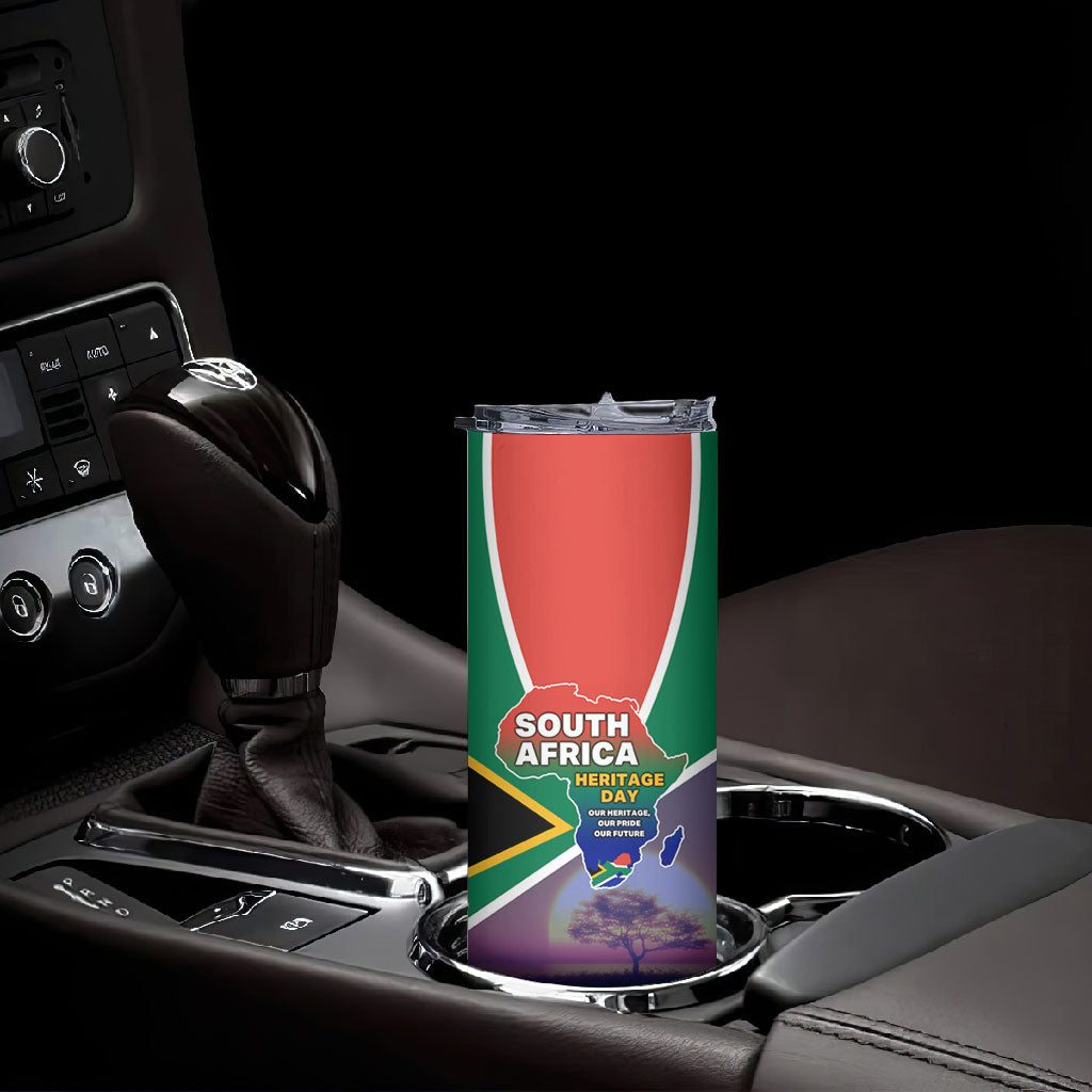 South Africa Heritage Day Skinny Tumbler Celebrating Roots Flag Map Sunset Savanna