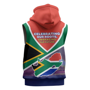 South Africa Heritage Day Sleeveless Hoodie Celebrating Roots Flag Map Sunset Savanna