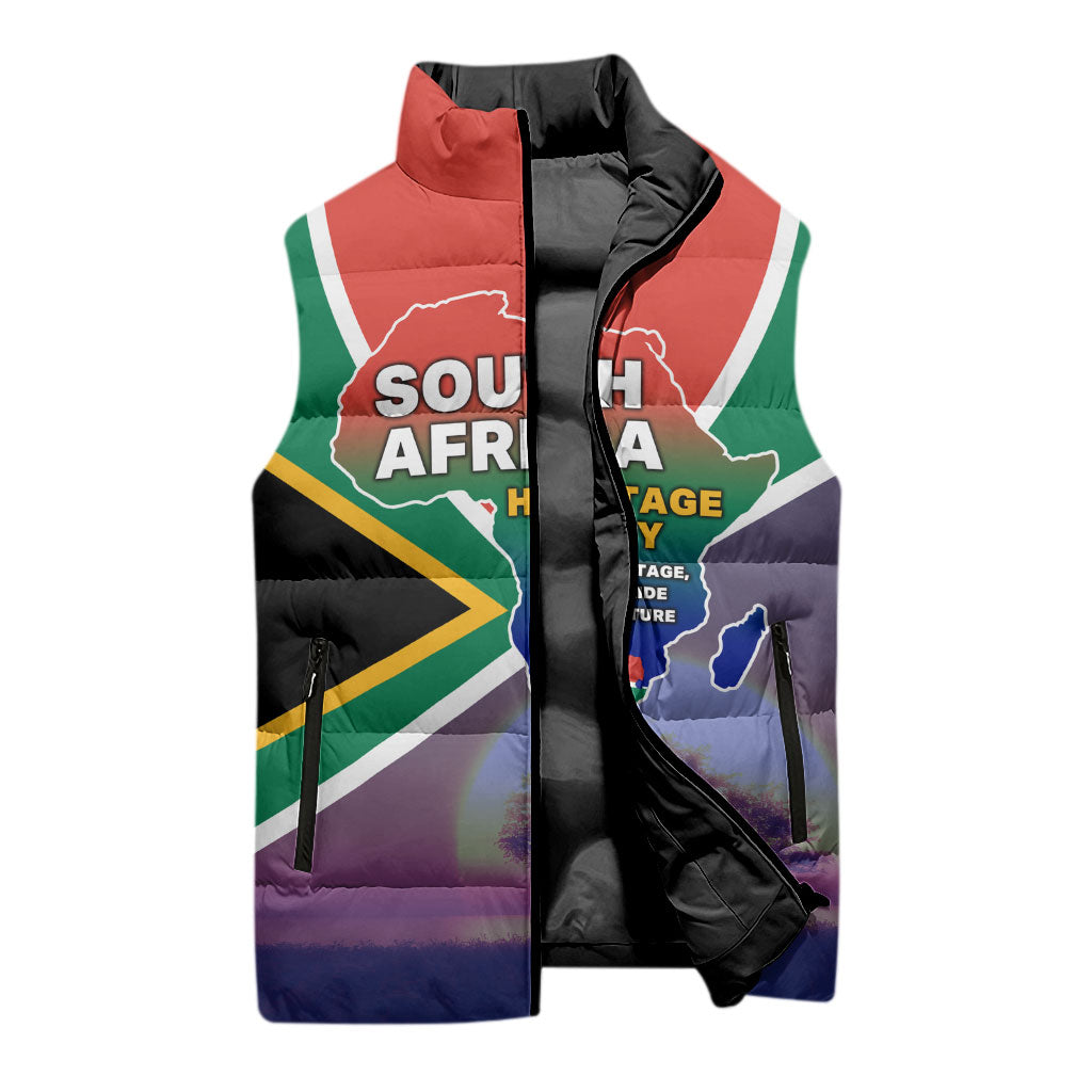 South Africa Heritage Day Sleeveless Puffer Jacket Celebrating Roots Flag Map Sunset Savanna