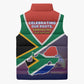 South Africa Heritage Day Sleeveless Puffer Jacket Celebrating Roots Flag Map Sunset Savanna