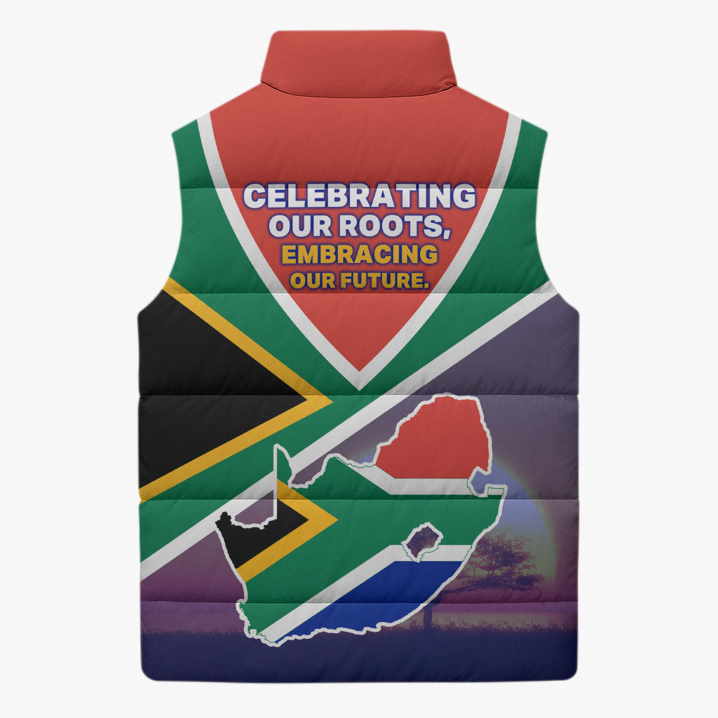 South Africa Heritage Day Sleeveless Puffer Jacket Celebrating Roots Flag Map Sunset Savanna