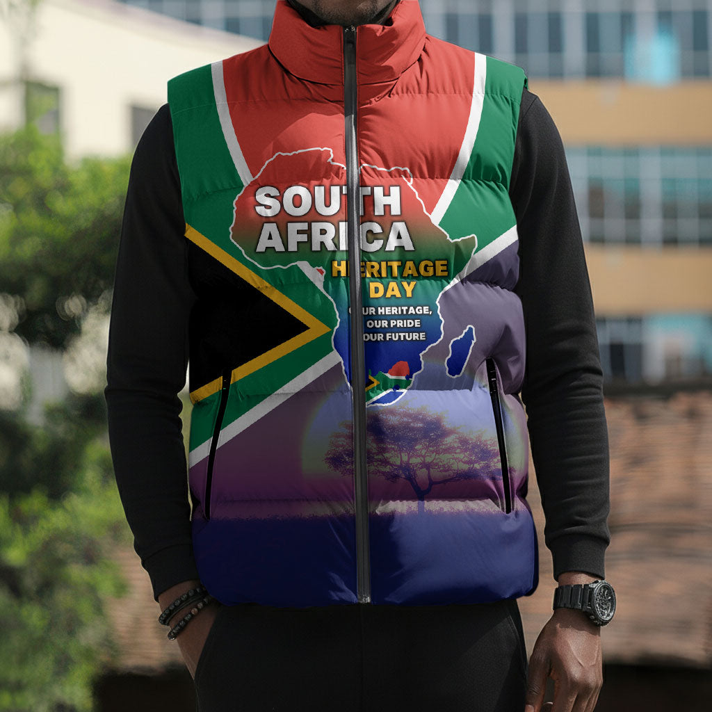 South Africa Heritage Day Sleeveless Puffer Jacket Celebrating Roots Flag Map Sunset Savanna