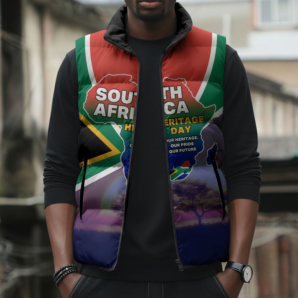 South Africa Heritage Day Sleeveless Puffer Jacket Celebrating Roots Flag Map Sunset Savanna