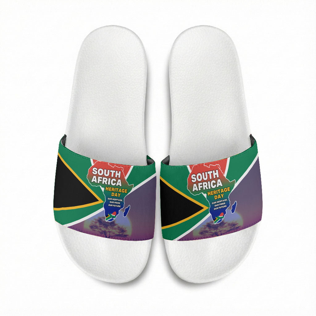 South Africa Heritage Day Slide Sandals Celebrating Roots Flag Map Sunset Savanna
