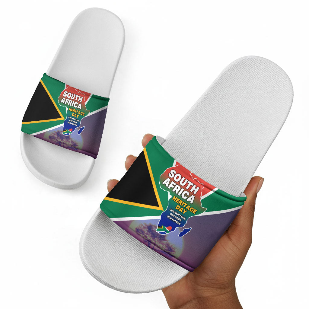 South Africa Heritage Day Slide Sandals Celebrating Roots Flag Map Sunset Savanna