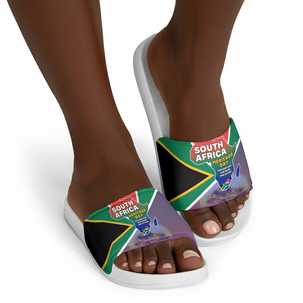 South Africa Heritage Day Slide Sandals Celebrating Roots Flag Map Sunset Savanna