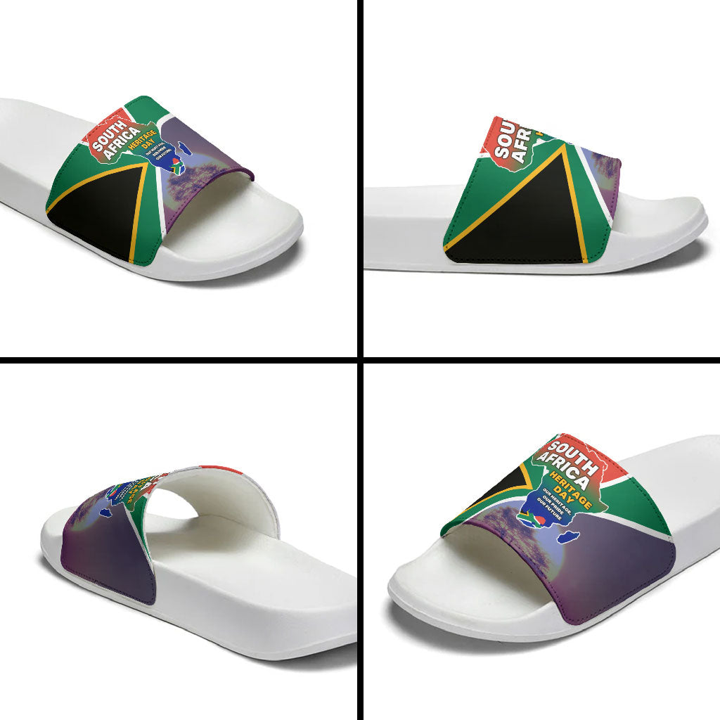 South Africa Heritage Day Slide Sandals Celebrating Roots Flag Map Sunset Savanna