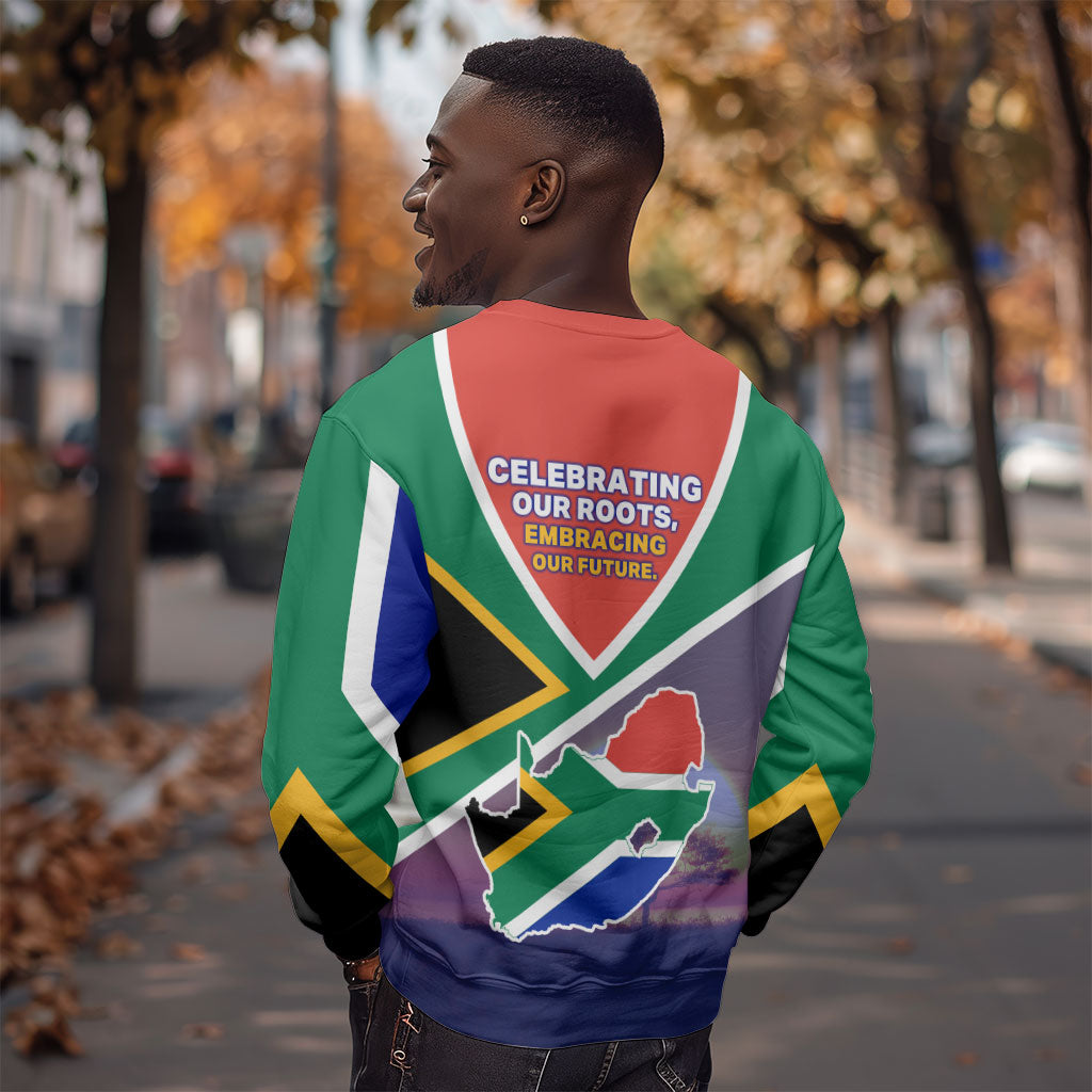 South Africa Heritage Day Sweatshirt Celebrating Roots Flag Map Sunset Savanna