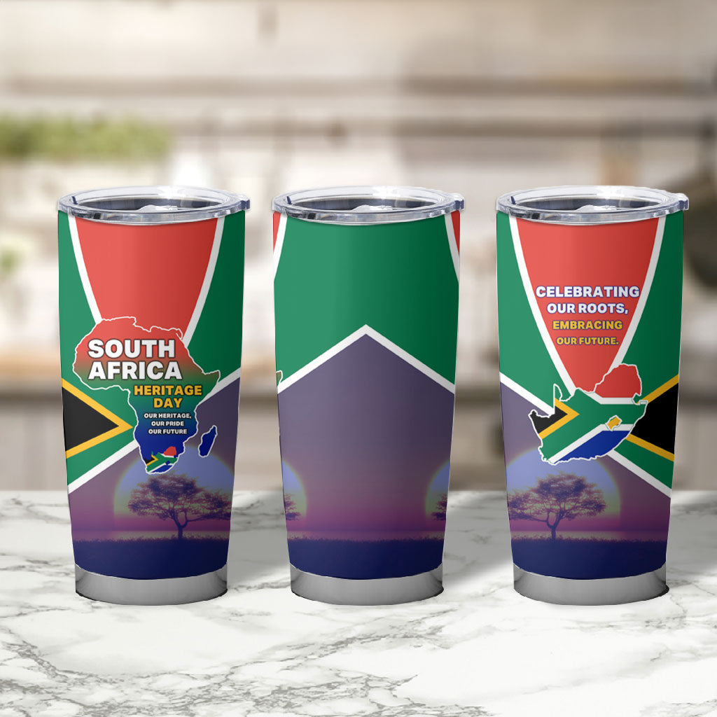 South Africa Heritage Day Tumbler Cup Celebrating Roots Flag Map Sunset Savanna