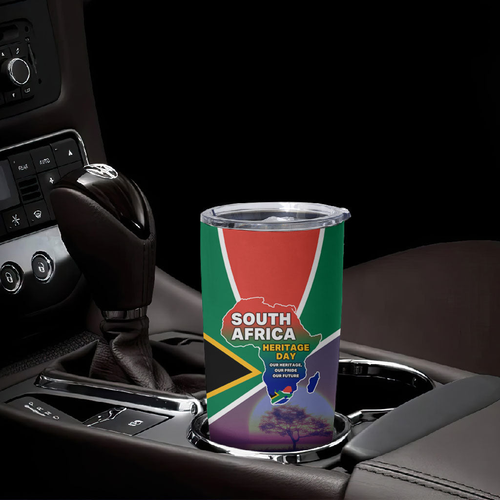South Africa Heritage Day Tumbler Cup Celebrating Roots Flag Map Sunset Savanna