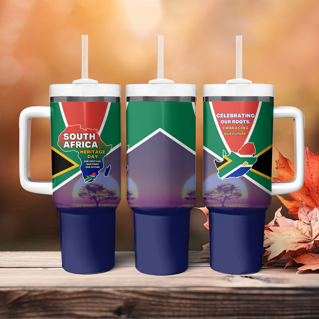 South Africa Heritage Day Tumbler With Handle Celebrating Roots Flag Map Sunset Savanna