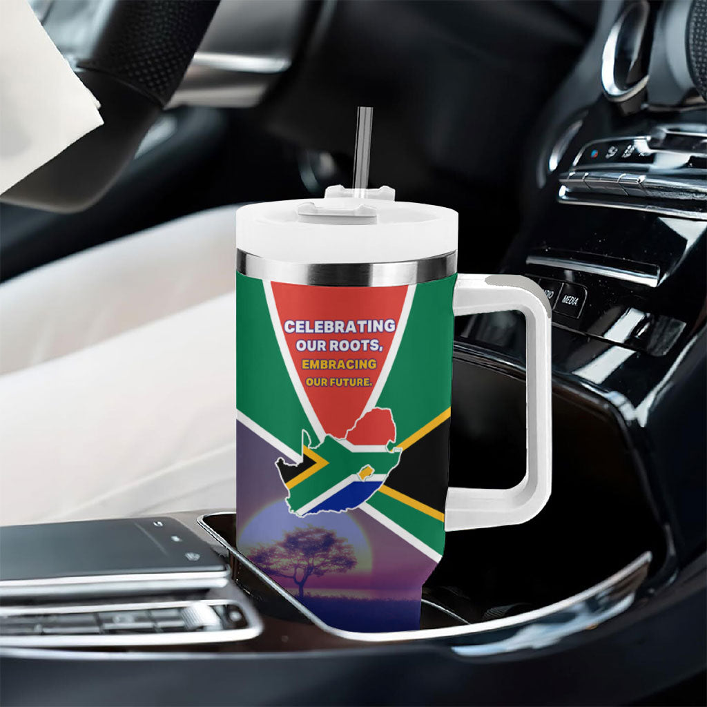 South Africa Heritage Day Tumbler With Handle Celebrating Roots Flag Map Sunset Savanna