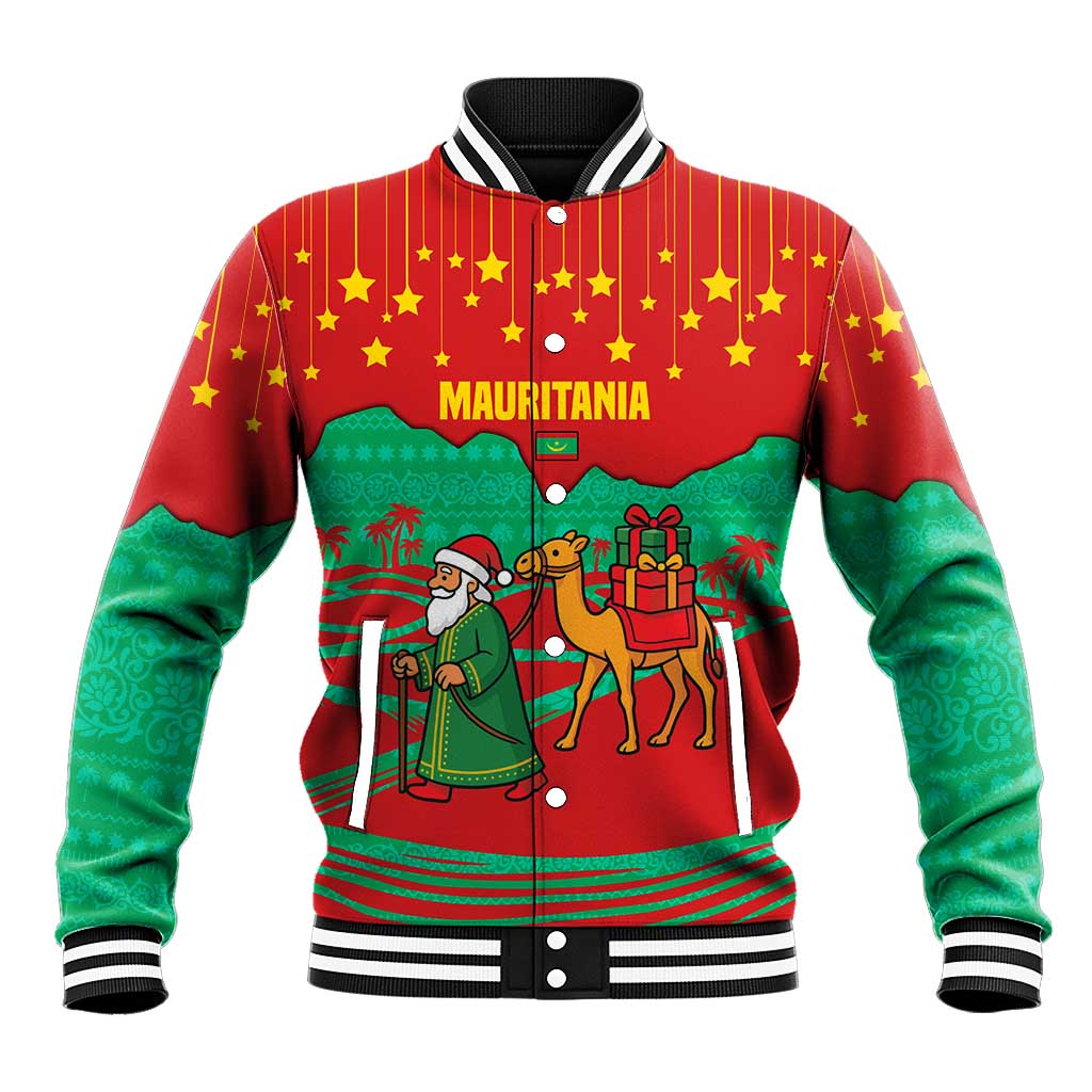 Mauritania Christmas Baseball Jacket Santa Claus Camel Gift Boxes Starry Sky and Desert - African Pride