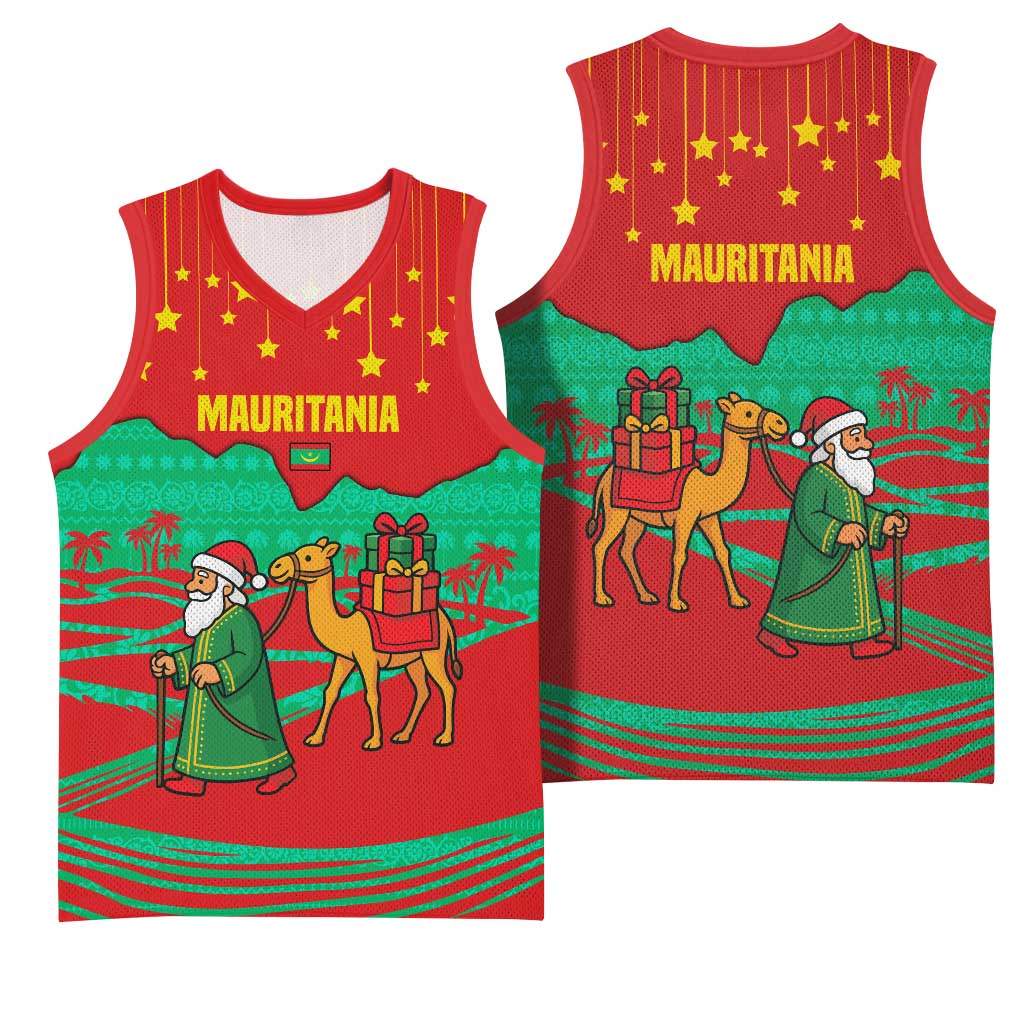 Mauritania Christmas Basketball Jersey Santa Claus Camel Gift Boxes Starry Sky and Desert TS04