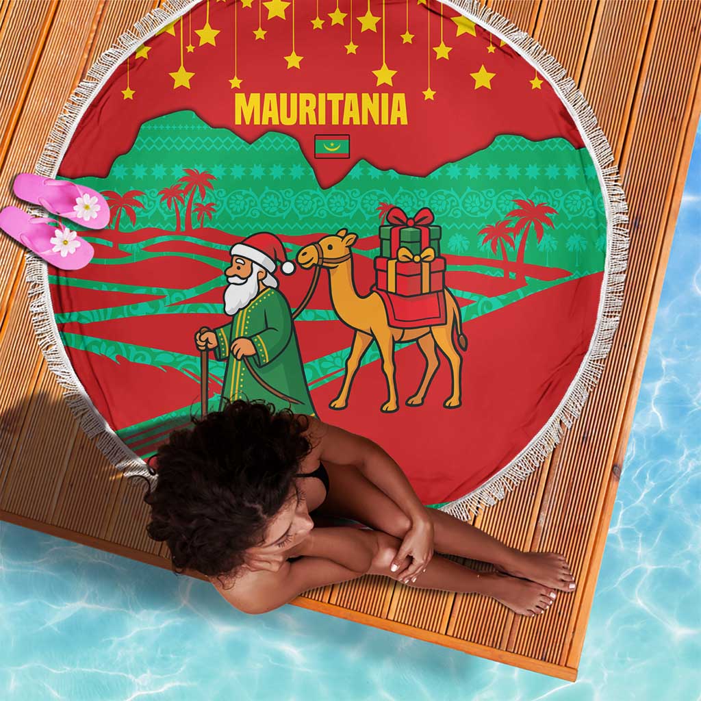 Mauritania Christmas Beach Blanket Santa Claus Camel Gift Boxes Starry Sky and Desert - African Pride