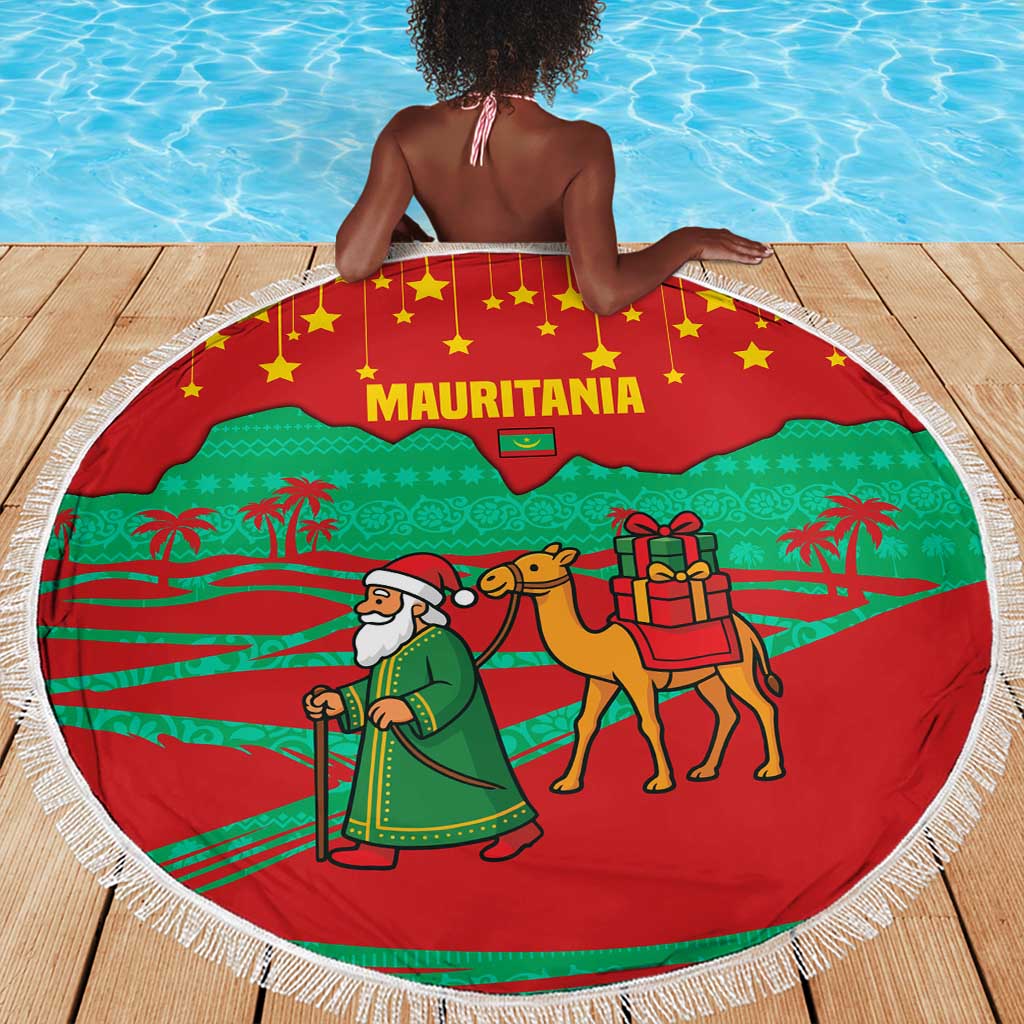 Mauritania Christmas Beach Blanket Santa Claus Camel Gift Boxes Starry Sky and Desert - African Pride