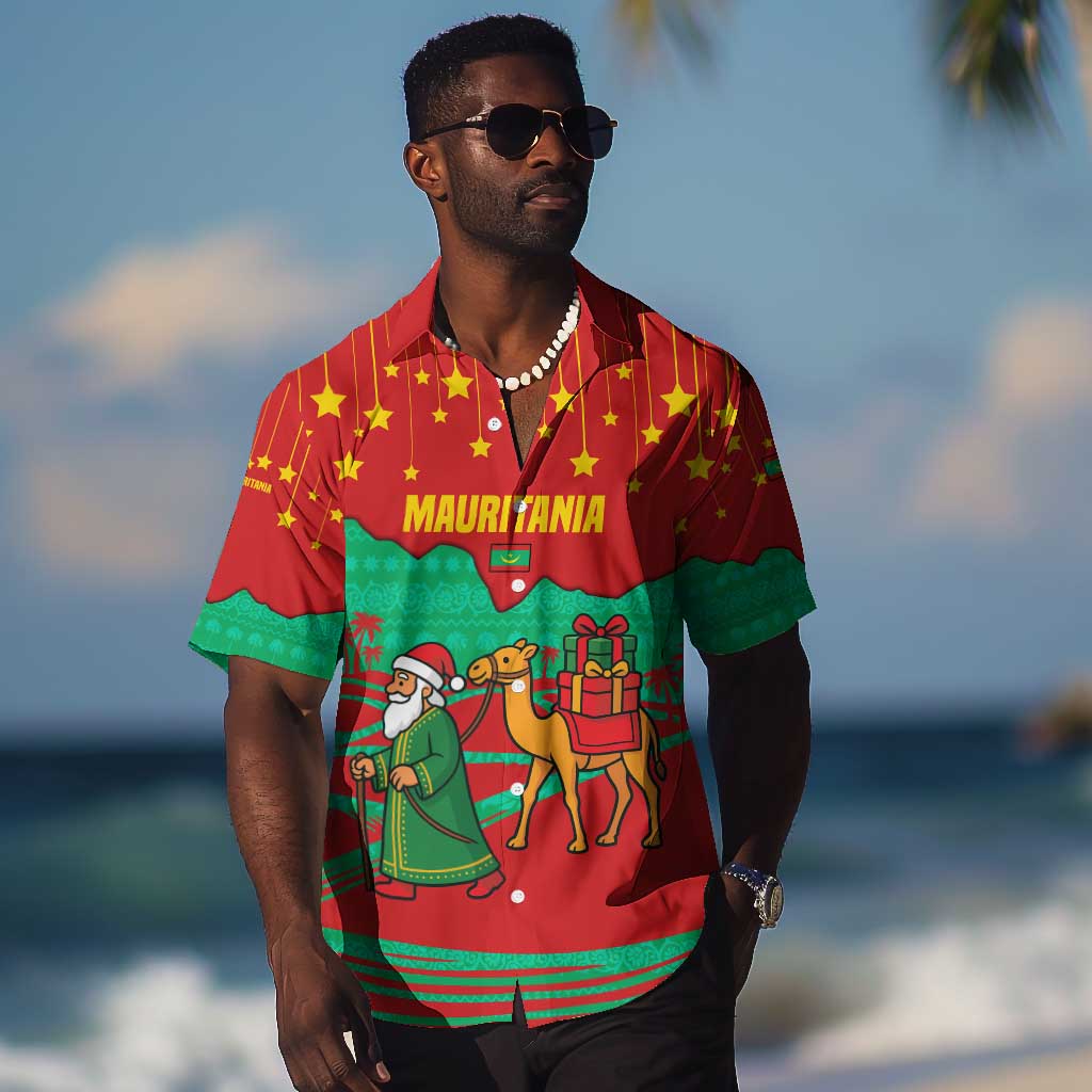 Mauritania Christmas Hawaiian Shirt Santa Claus Camel Gift Boxes Starry Sky and Desert - African Pride