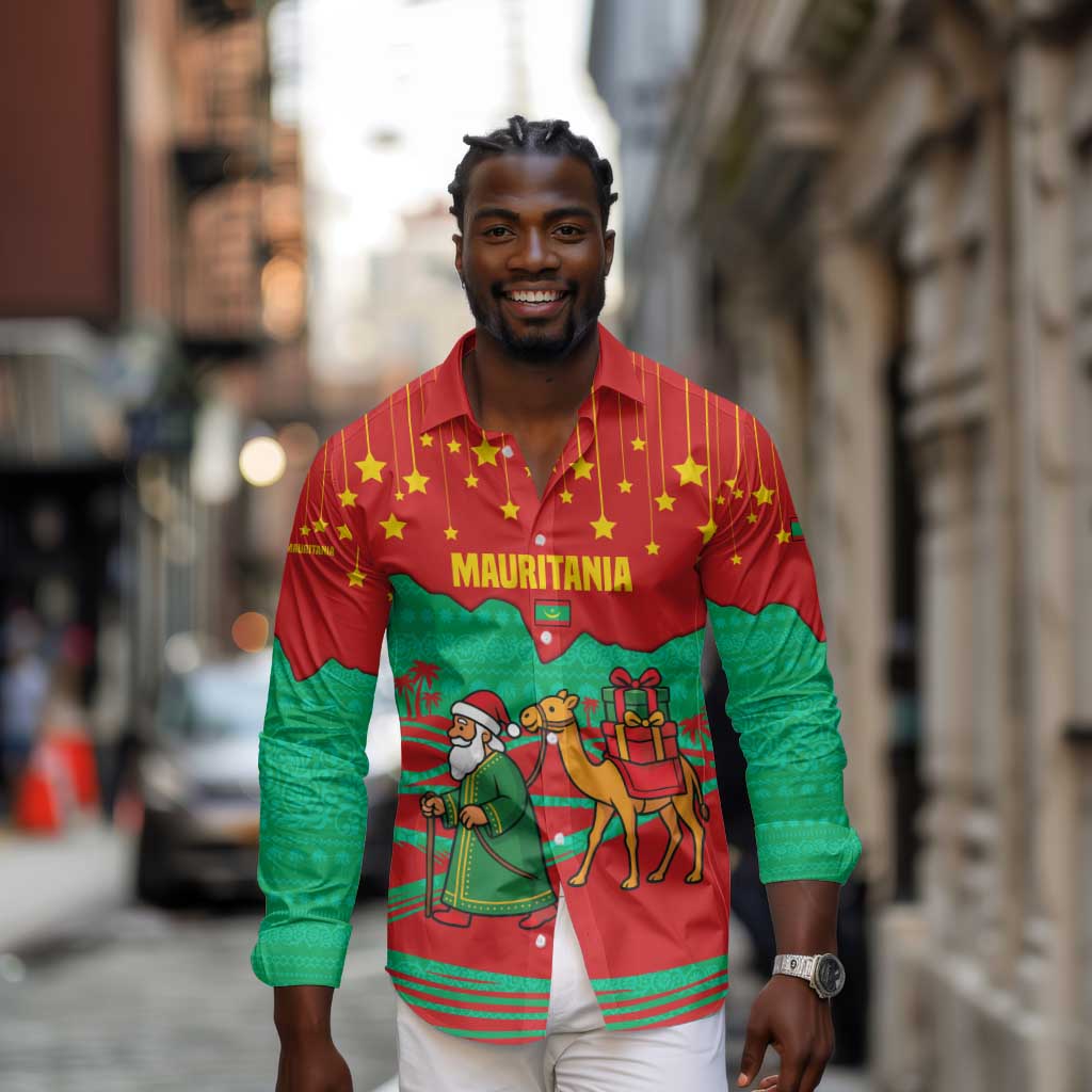 Mauritania Christmas Long Sleeve Button Shirt Santa Claus Camel Gift Boxes Starry Sky and Desert - African Pride