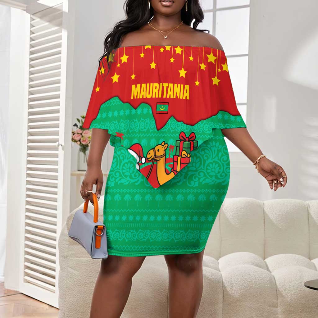 Mauritania Christmas Off Shoulder Short Dress Santa Claus Camel Gift Boxes Starry Sky and Desert - African Pride