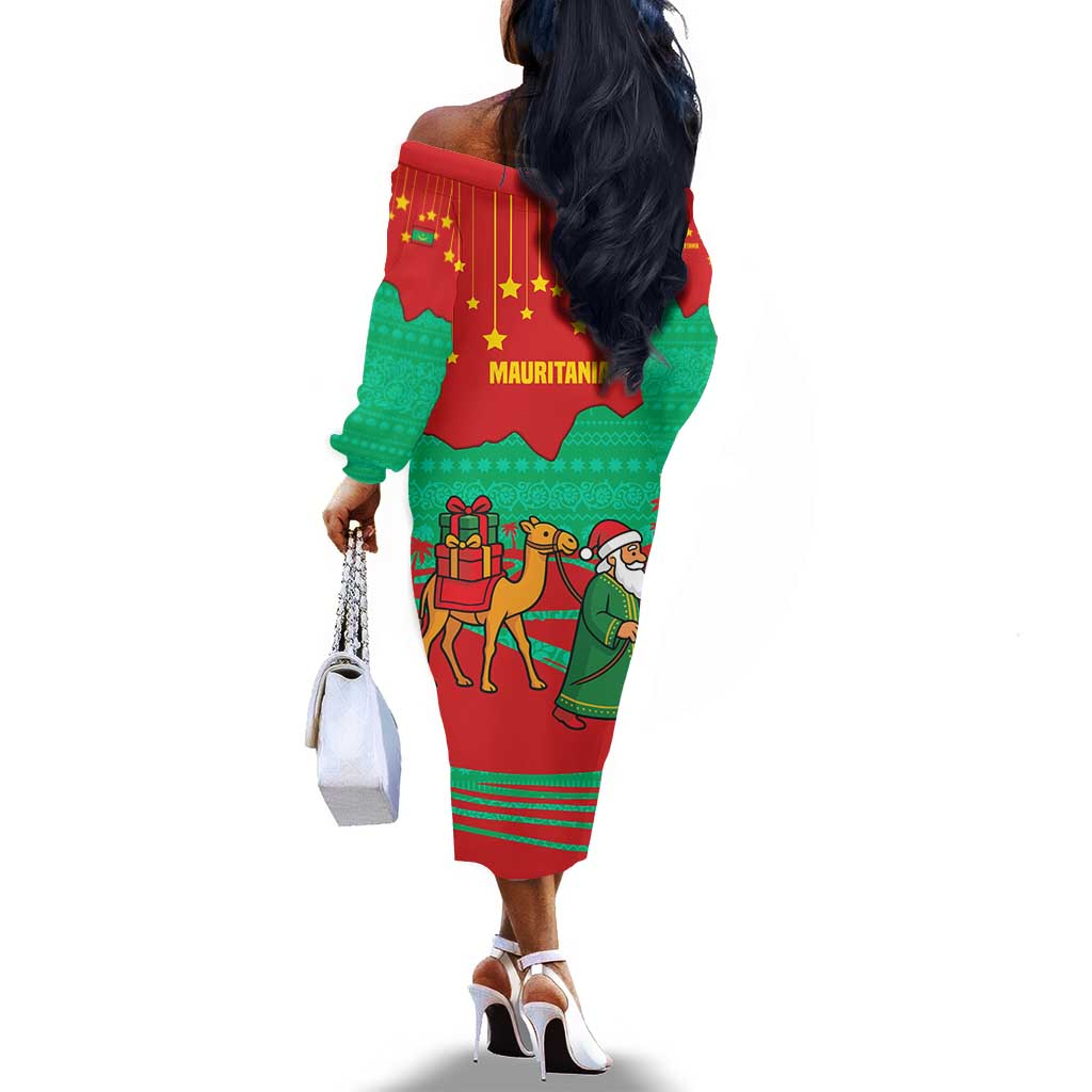 Mauritania Christmas Off The Shoulder Long Sleeve Dress Santa Claus Camel Gift Boxes Starry Sky and Desert - African Pride