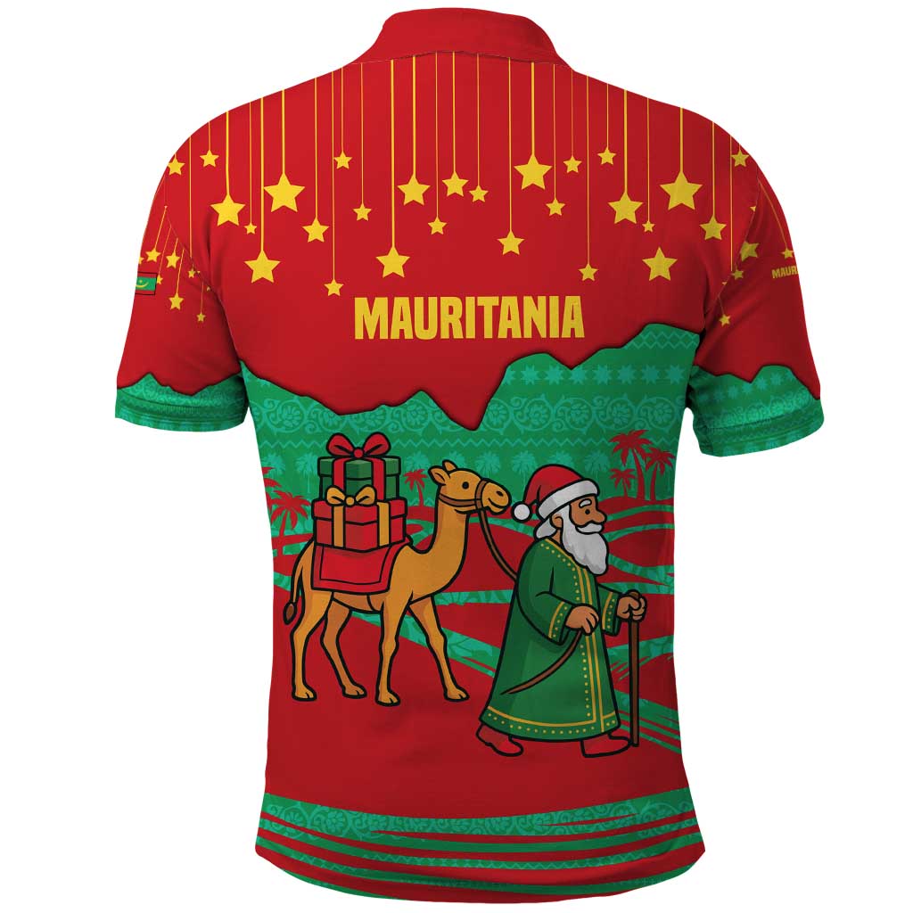 Mauritania Christmas Polo Shirt Santa Claus Camel Gift Boxes Starry Sky and Desert - African Pride