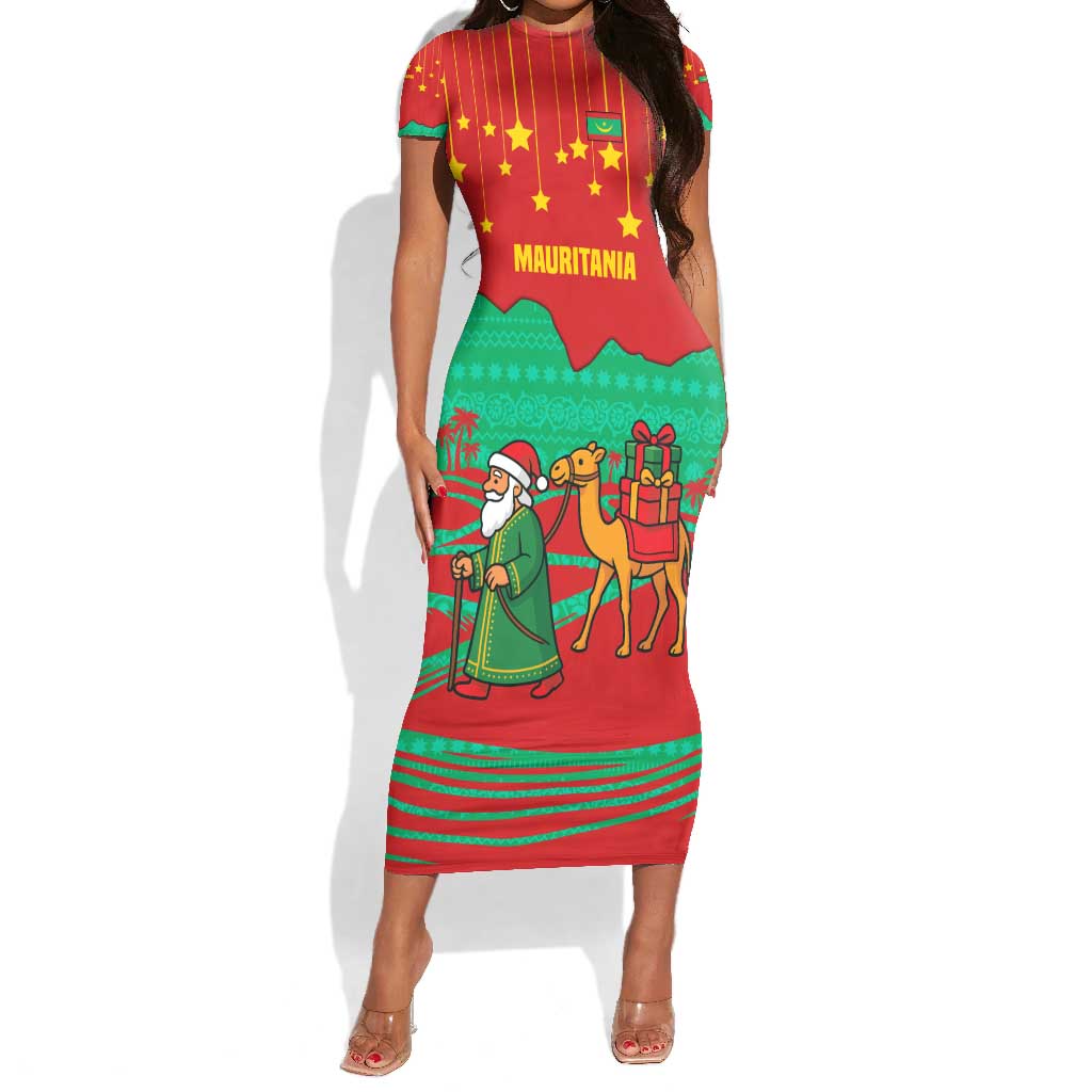 Mauritania Christmas Short Sleeve Bodycon Dress Santa Claus Camel Gift Boxes Starry Sky and Desert - African Pride